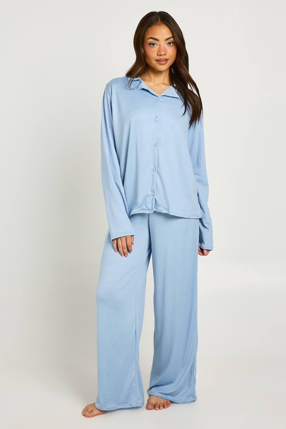 boohoo Women's Soft Jersey Long Sleeve Top & Trousers Pyjama Set in Baby Blue by boohoo
