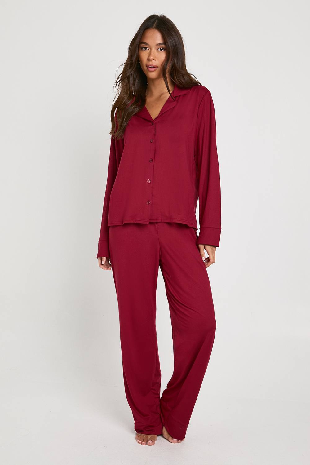 boohoo Women's Soft Touch Button Through Shirt & Trouser Pyjama Set in Burgundy by boohoo