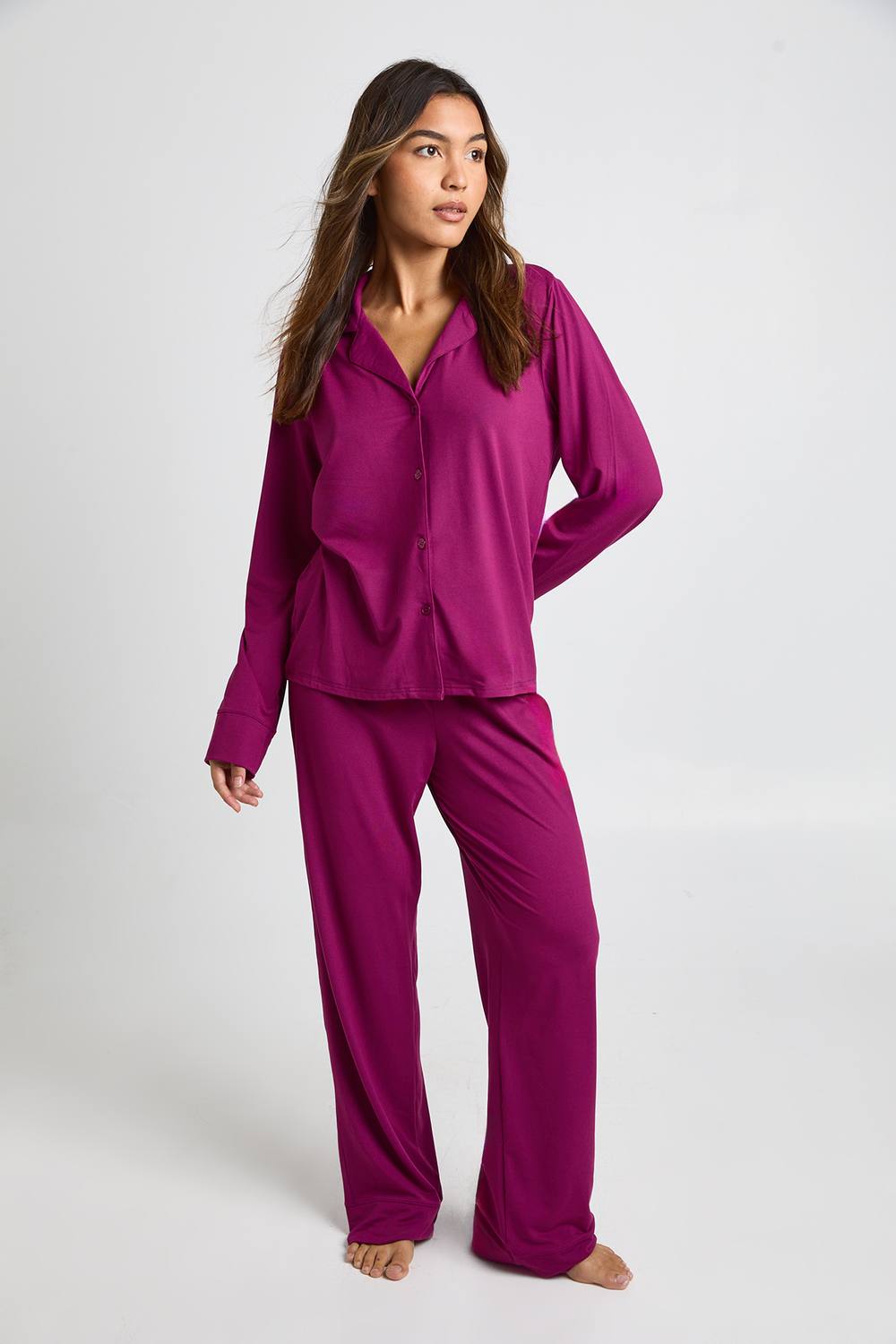 boohoo Women's Soft Touch Button Through Shirt & Trouser Pyjama Set in Plum by boohoo