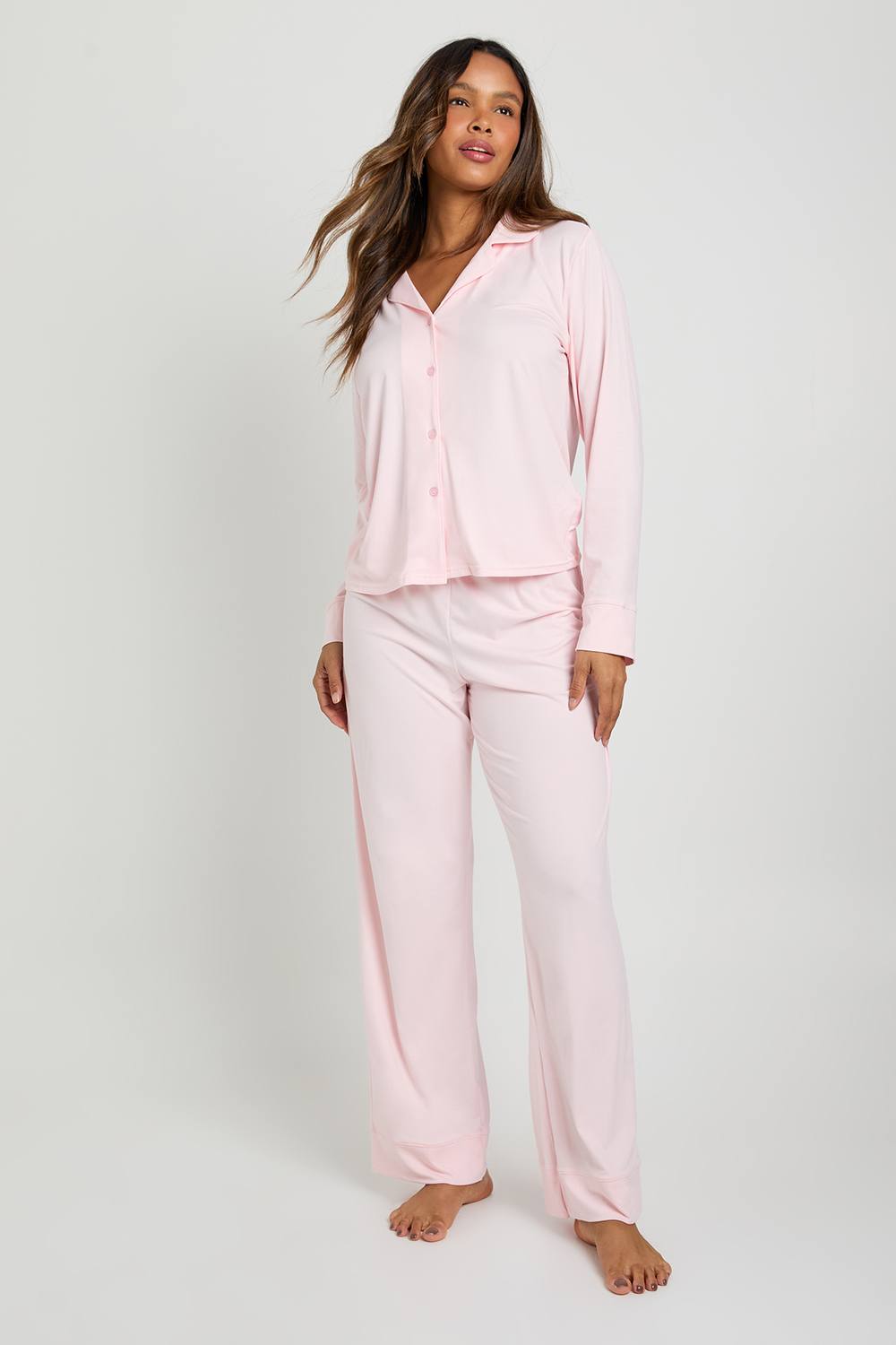 boohoo Women's Soft Touch Button Through Shirt & Trouser Pyjama Set in Light Pink by boohoo