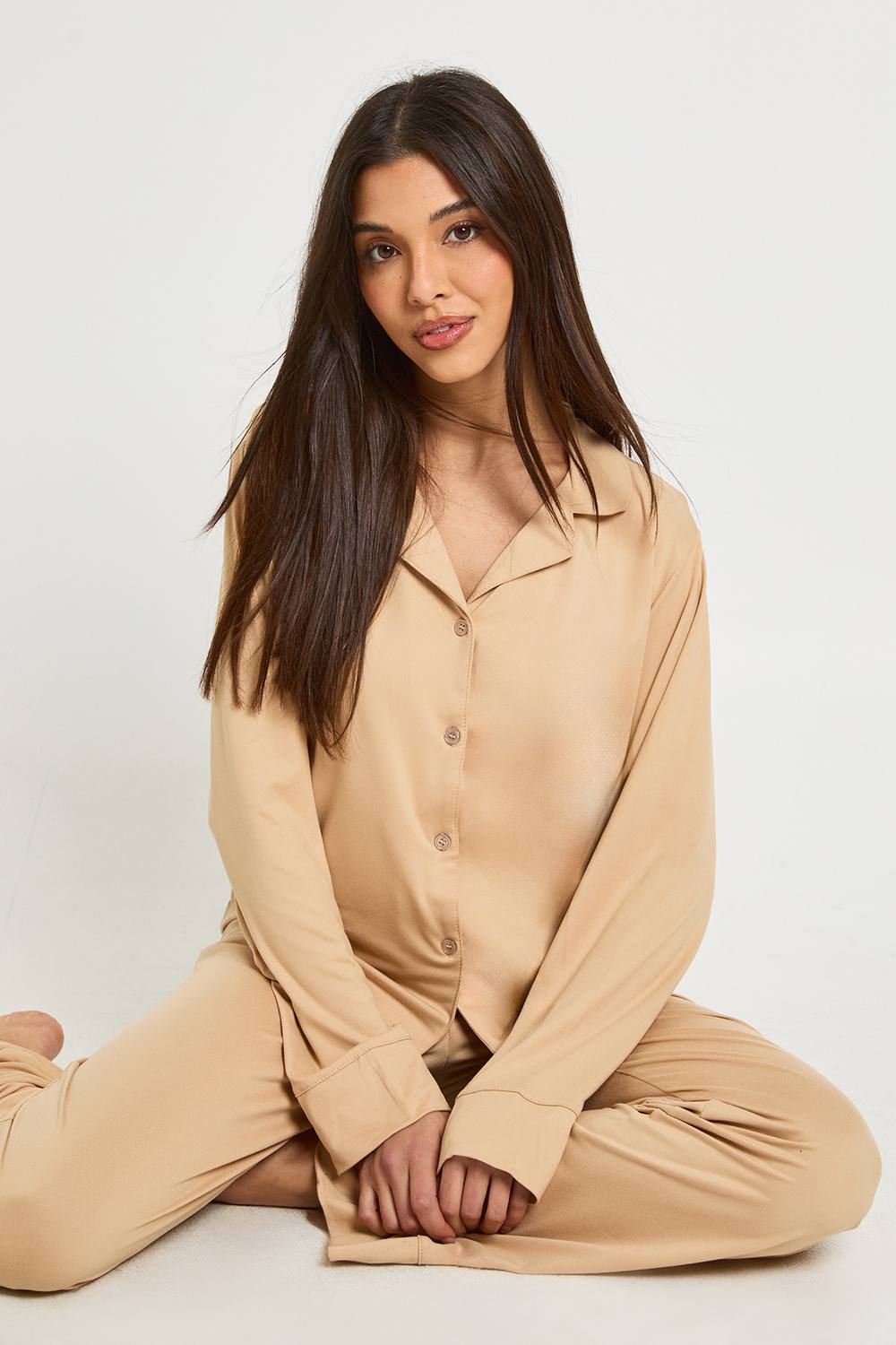 boohoo Women's Soft Touch Button Through Shirt & Trouser Pyjama Set in Beige by boohoo