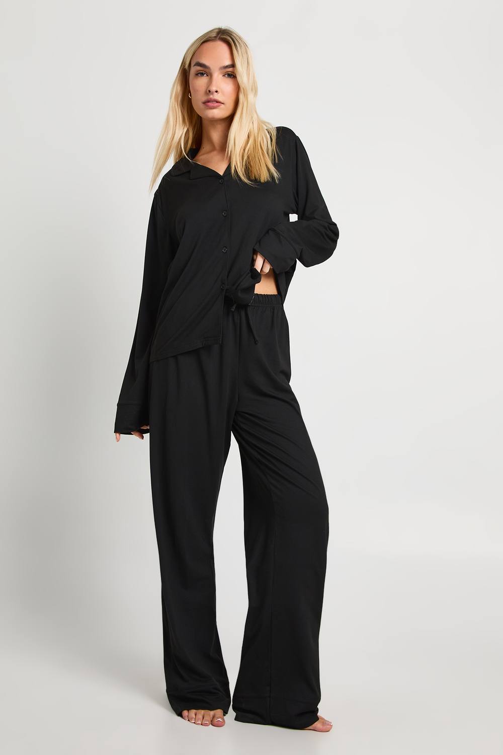 boohoo Women's Soft Touch Button Through Shirt & Trouser Pyjama Set in Black by boohoo