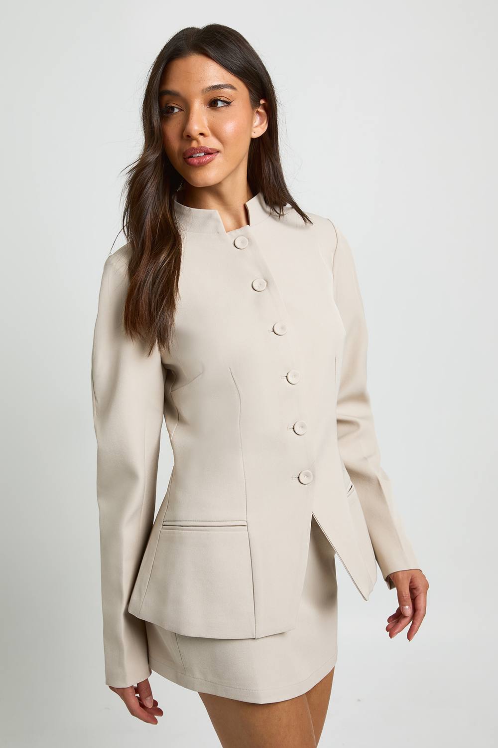 boohoo Women's Stand Collar Cinched Blazer in Mushroom by boohoo