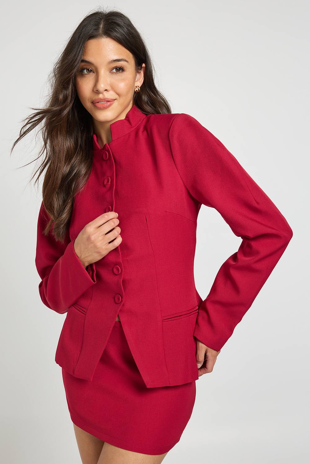 boohoo Women's Stand Collar Cinched Blazer in Red by boohoo