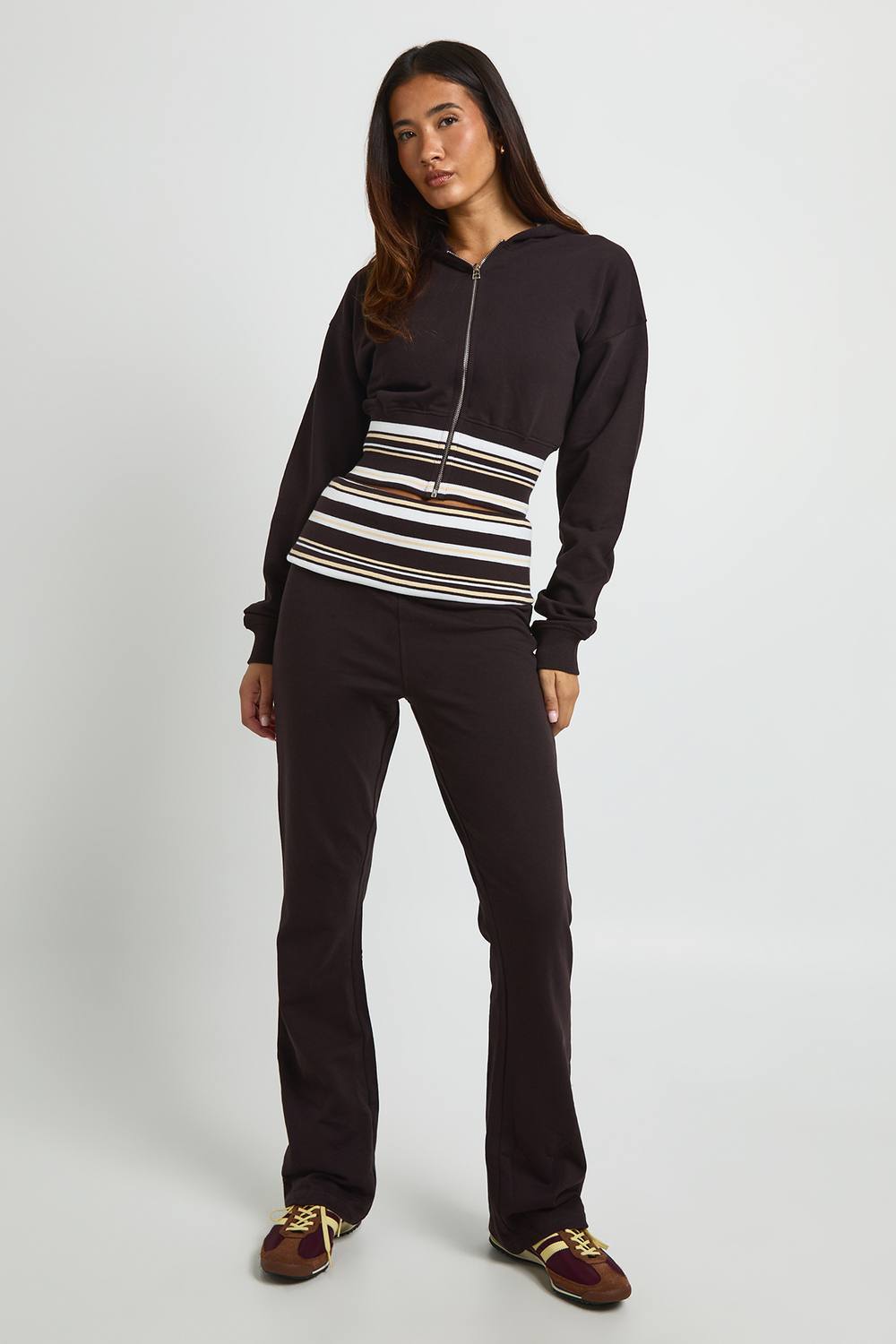 boohoo Women's Stripe Fold Over Waistband Fitted Flared Jogger Pants in Chocolate by boohoo