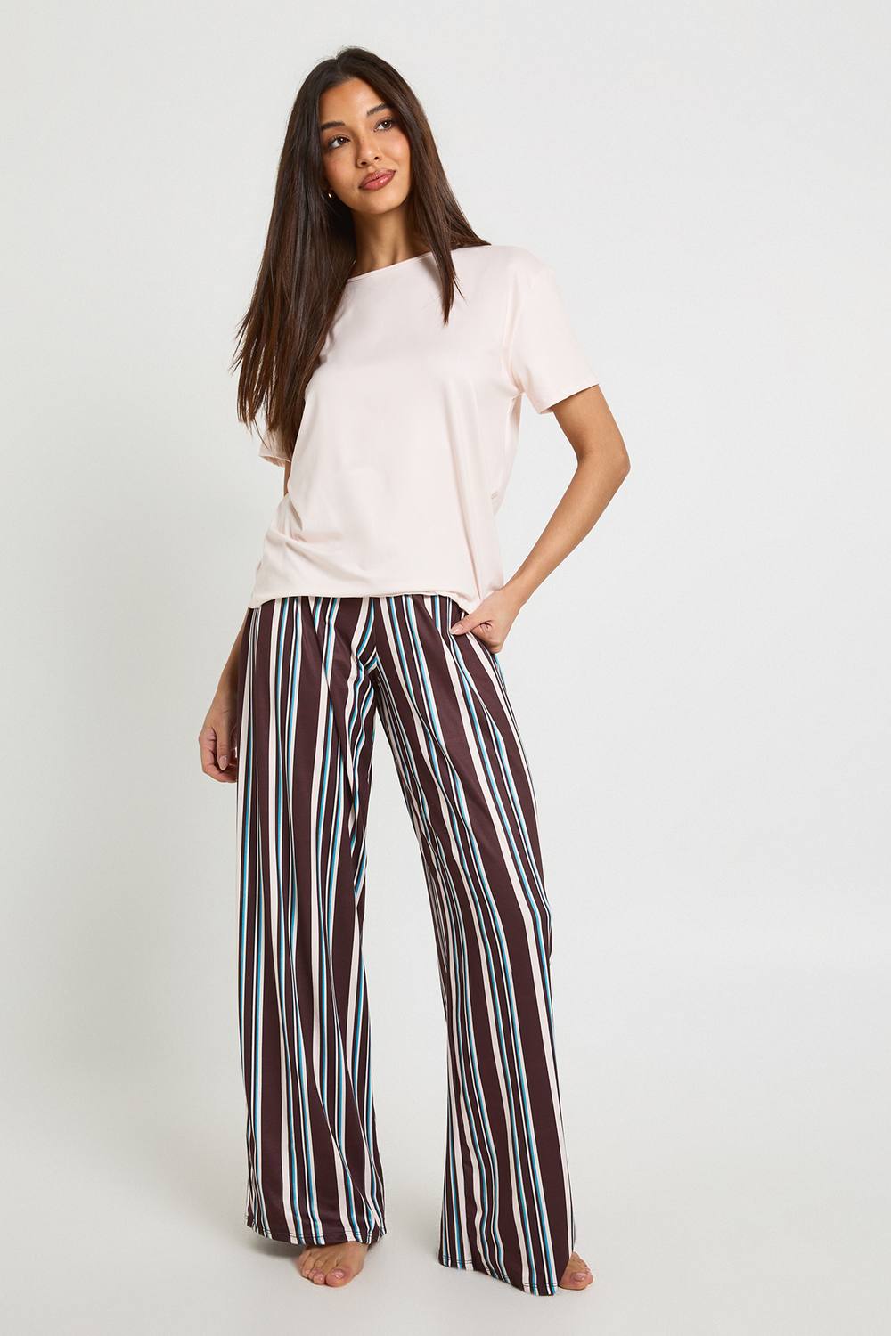 boohoo Women's Stripe Oversized T-Shirt & Trousers Pyjama Set in Brown by boohoo