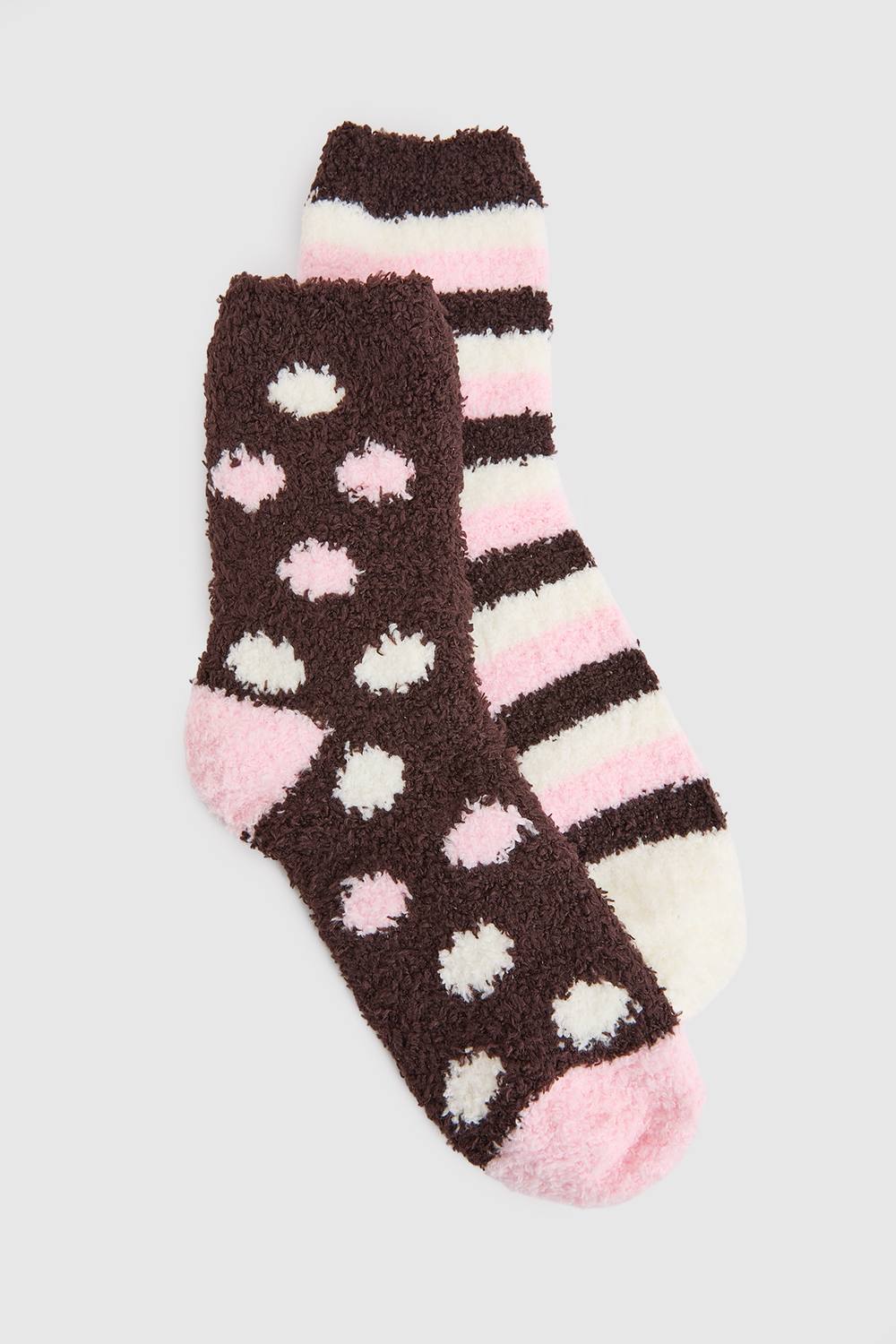 boohoo Women's Striped & Polka Dot Fluffy Socks 2 Pack in Chocolate by boohoo