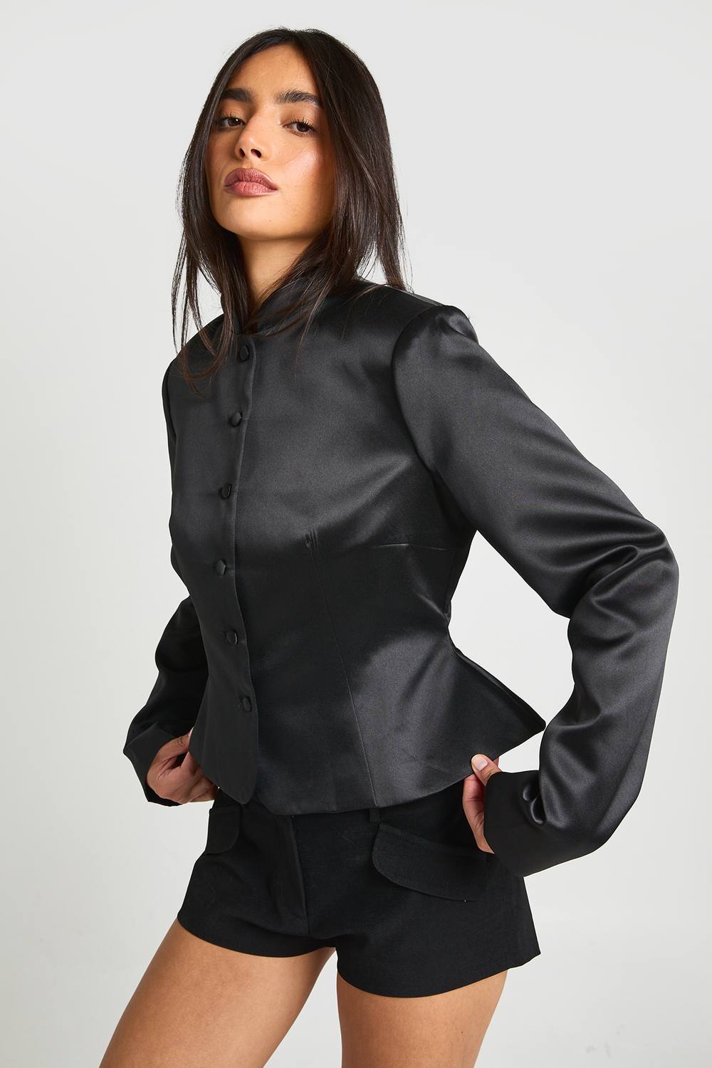 boohoo Women's Structured Satin Button Down Peplum Blazer in Black by boohoo