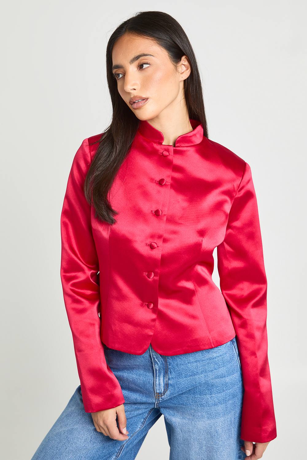 boohoo Women's Structured Satin Button Down Peplum Blazer in Dark Red by boohoo