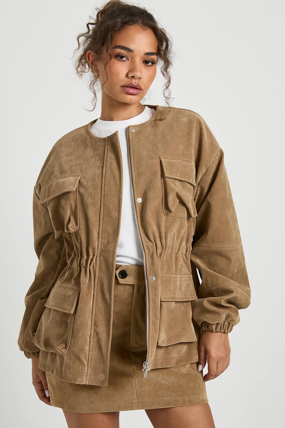 boohoo Women's Suede Look Collarless Cinched Waist Jacket in Taupe by boohoo