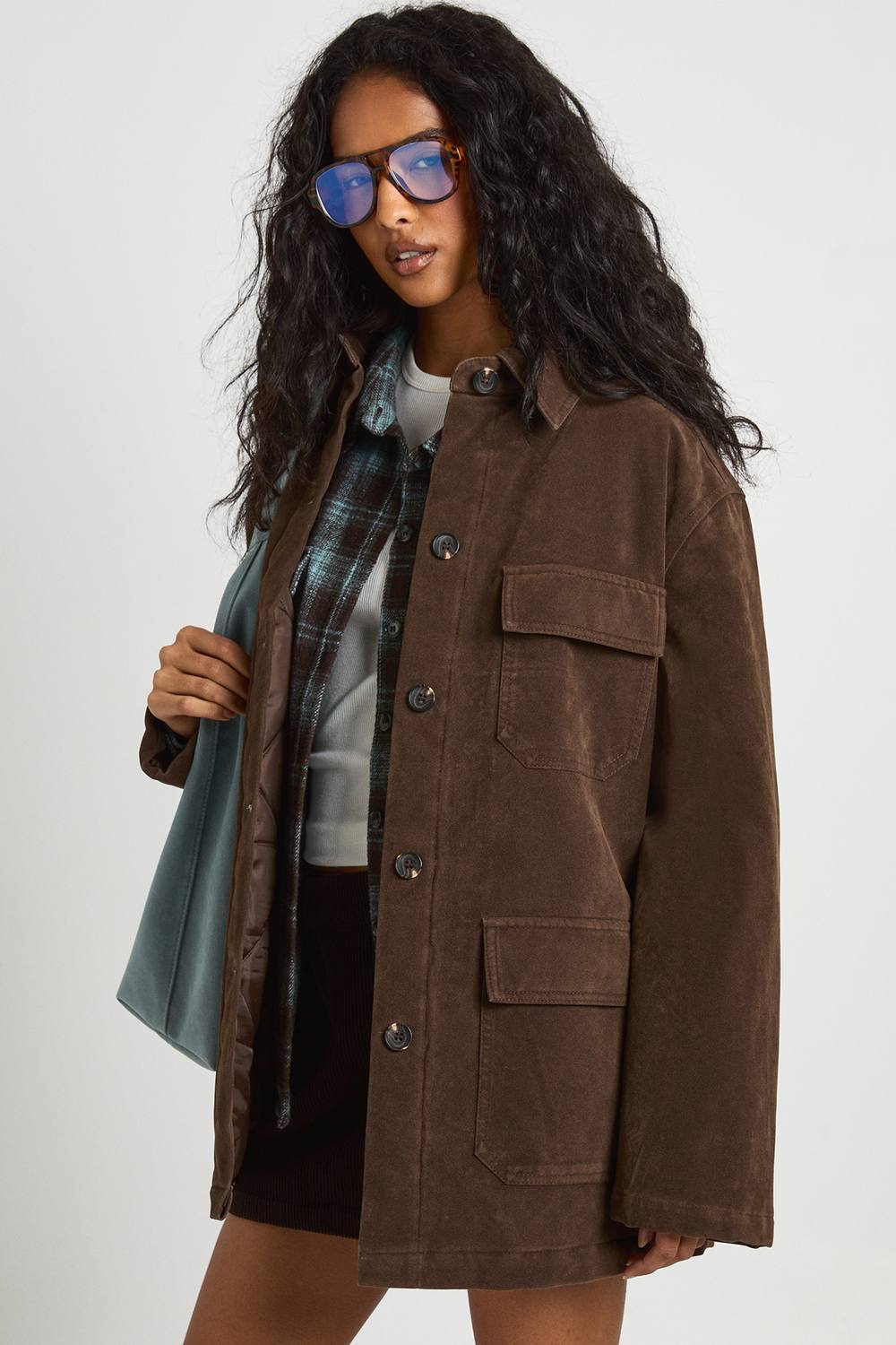boohoo Women's Suede Look Utility Pocket Jacket in Chocolate by boohoo