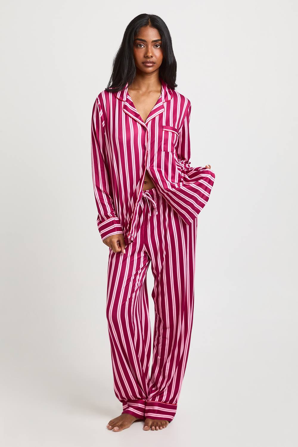 boohoo Women's Super Soft Striped Long Sleeve Shirt & Trousers Pyjama Set in Burgundy by boohoo