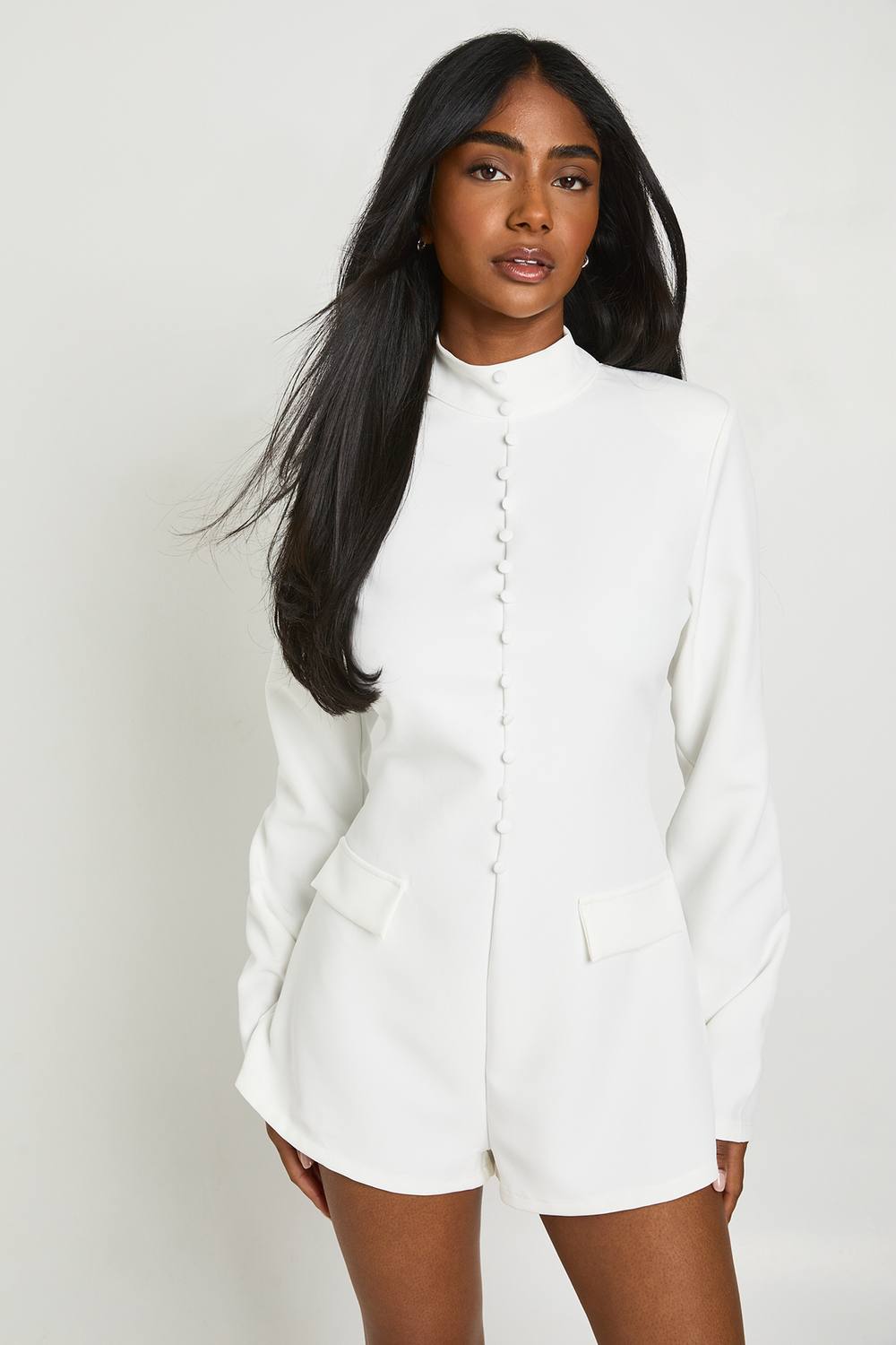 boohoo Women's Tailored High Neck Playsuit in Ivory by boohoo
