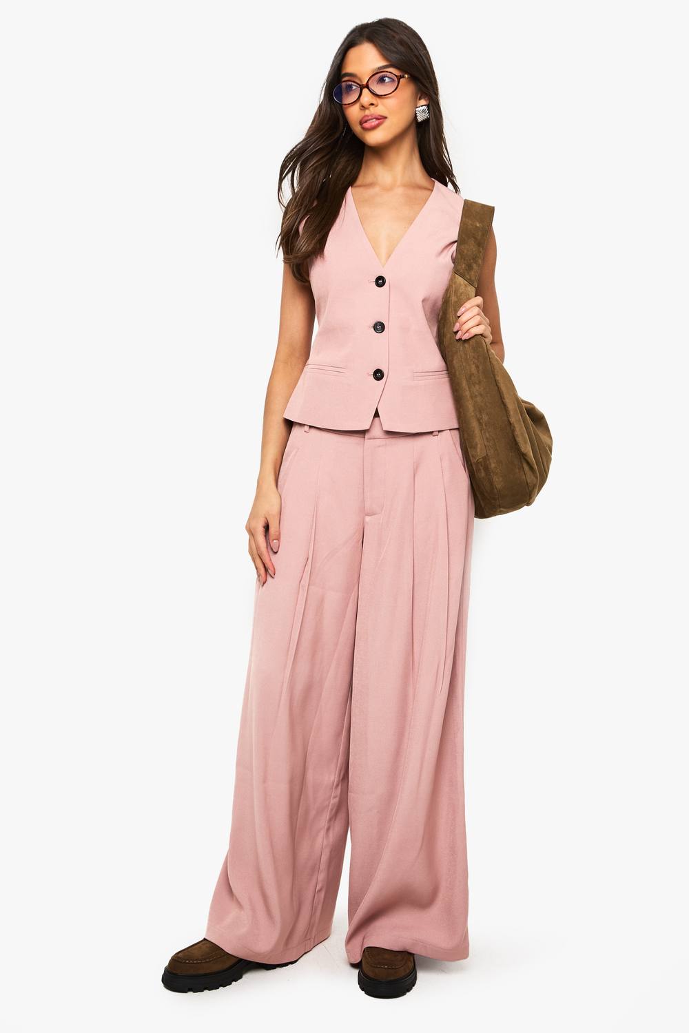 boohoo Women's Tailored Palazzo Wide Leg Trousers in Pink by boohoo