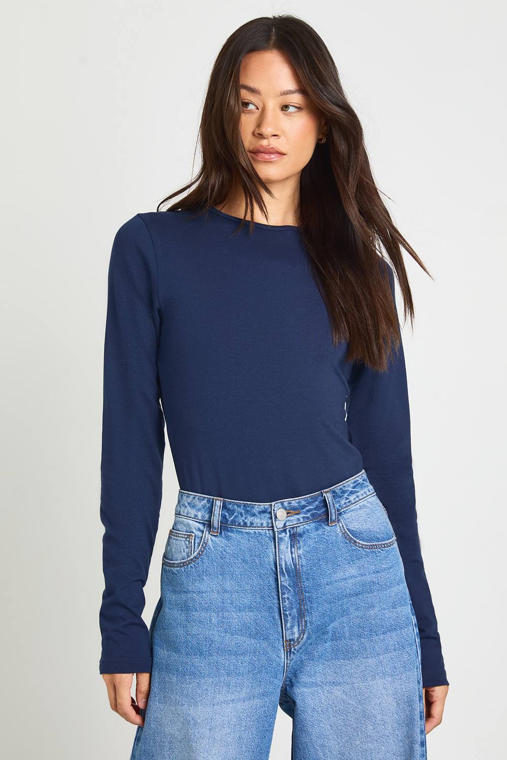 boohoo Women's Tall Basic Long Sleeve Crew Neck Bodysuit in Navy by boohoo