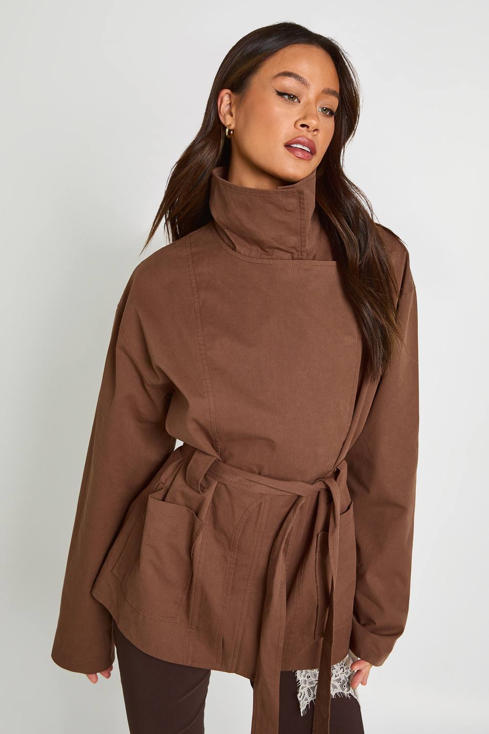boohoo Women's Tall Belted Short Trench Coat in Chocolate by boohoo