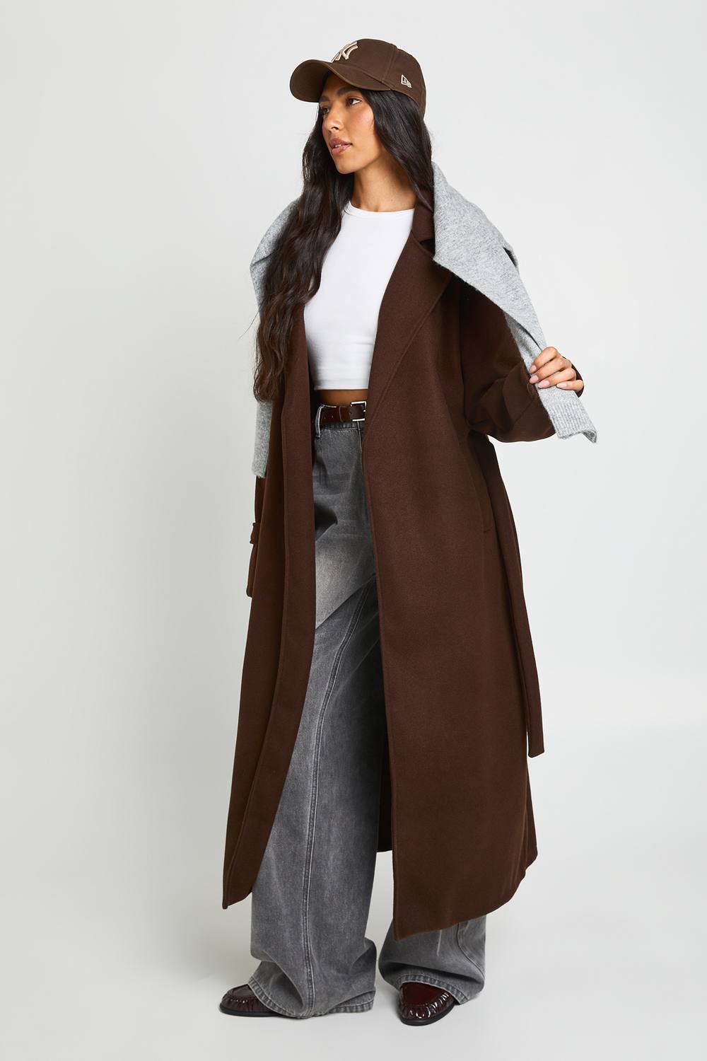 boohoo Women's Tall Belted Wool Look Trench Coat in Chocolate by boohoo