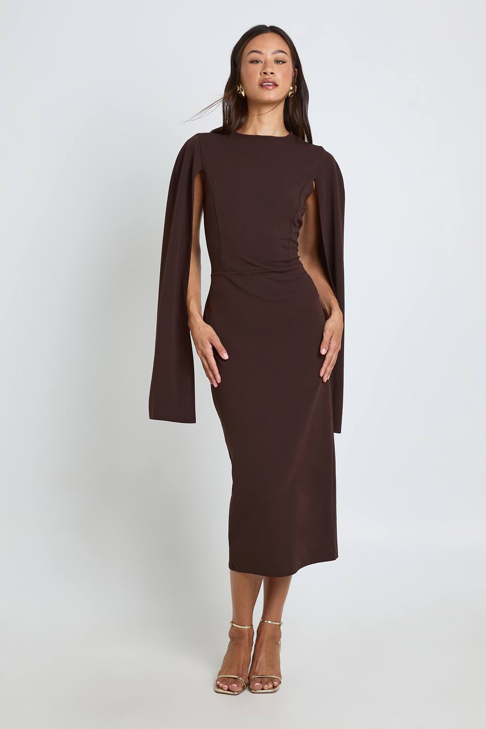 boohoo Women's Tall Cape Sleeve Midi Bodycon Dress in Chocolate by boohoo