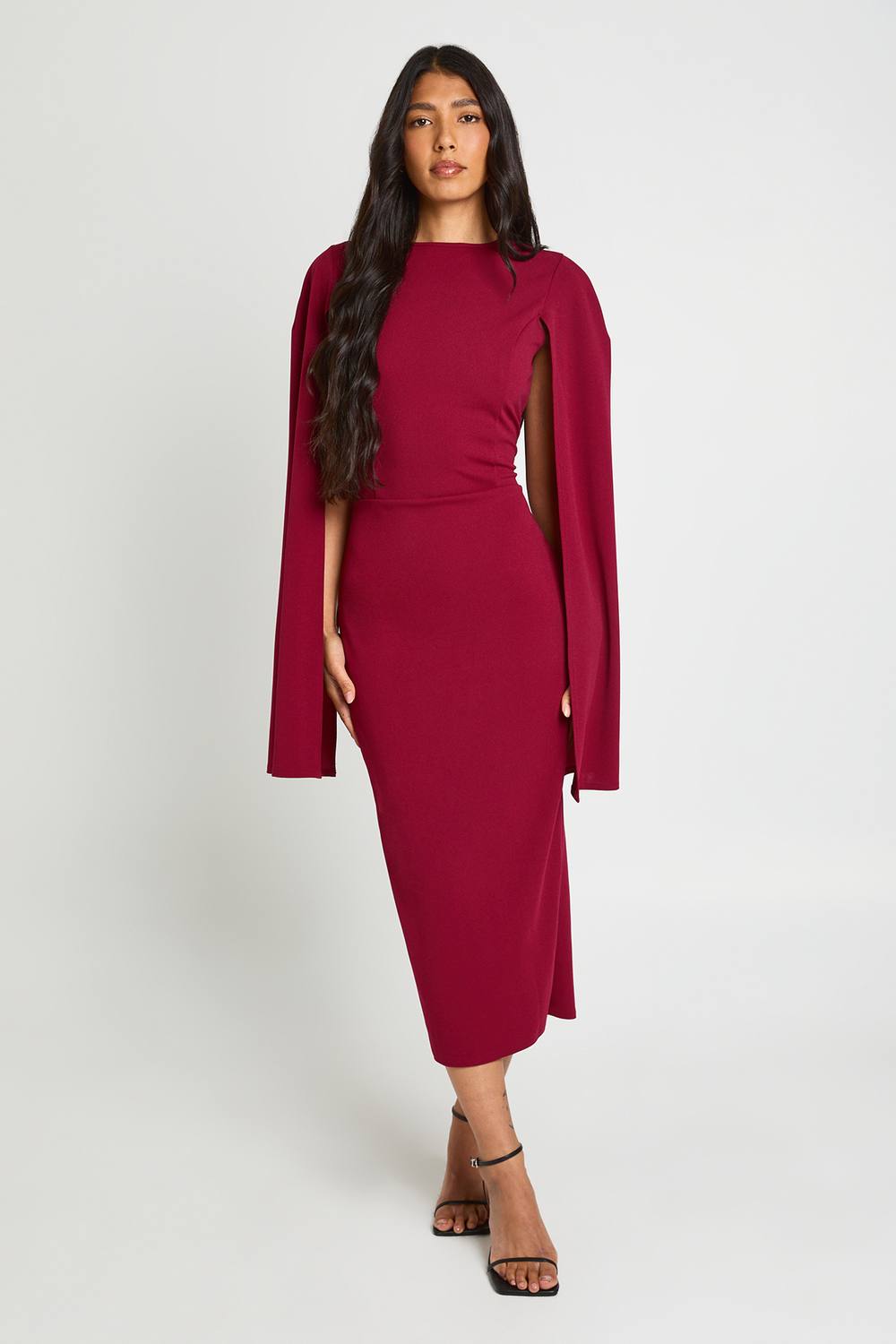 boohoo Women's Tall Cape Sleeve Midi Bodycon Dress in Burgundy by boohoo