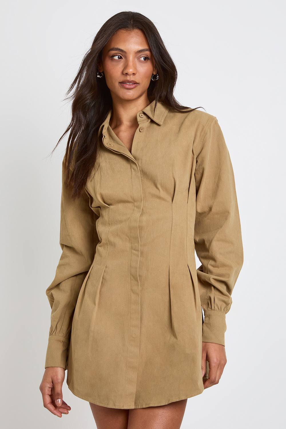 boohoo Women's Tall Collared Long Sleeve Shirt Dress in Olive by boohoo
