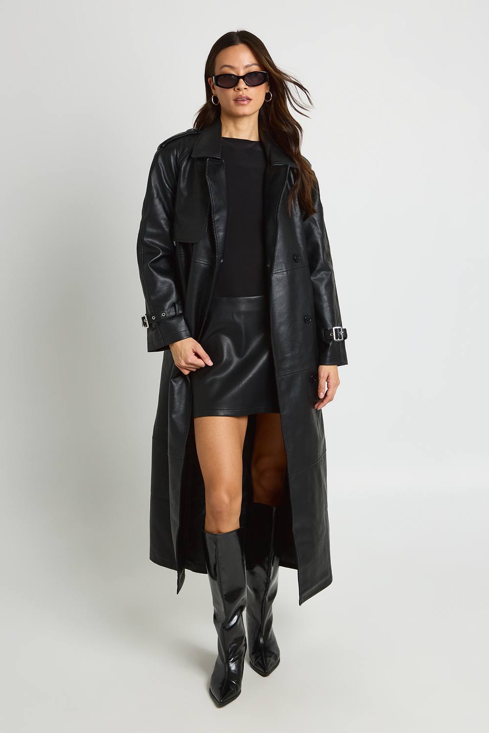 boohoo Women's Tall Double Breast Faux Leather Maxi Trench Coat in Black by boohoo