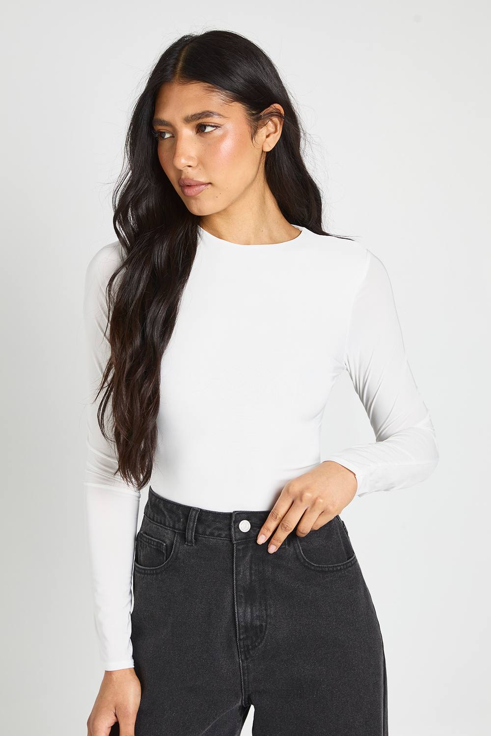 boohoo Women's Tall Double Layer Slinky Long Sleeve Crew Neck Bodysuit in White by boohoo