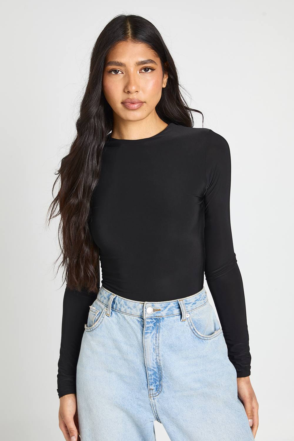 boohoo Women's Tall Double Layer Slinky Long Sleeve Crew Neck Bodysuit in Black by boohoo
