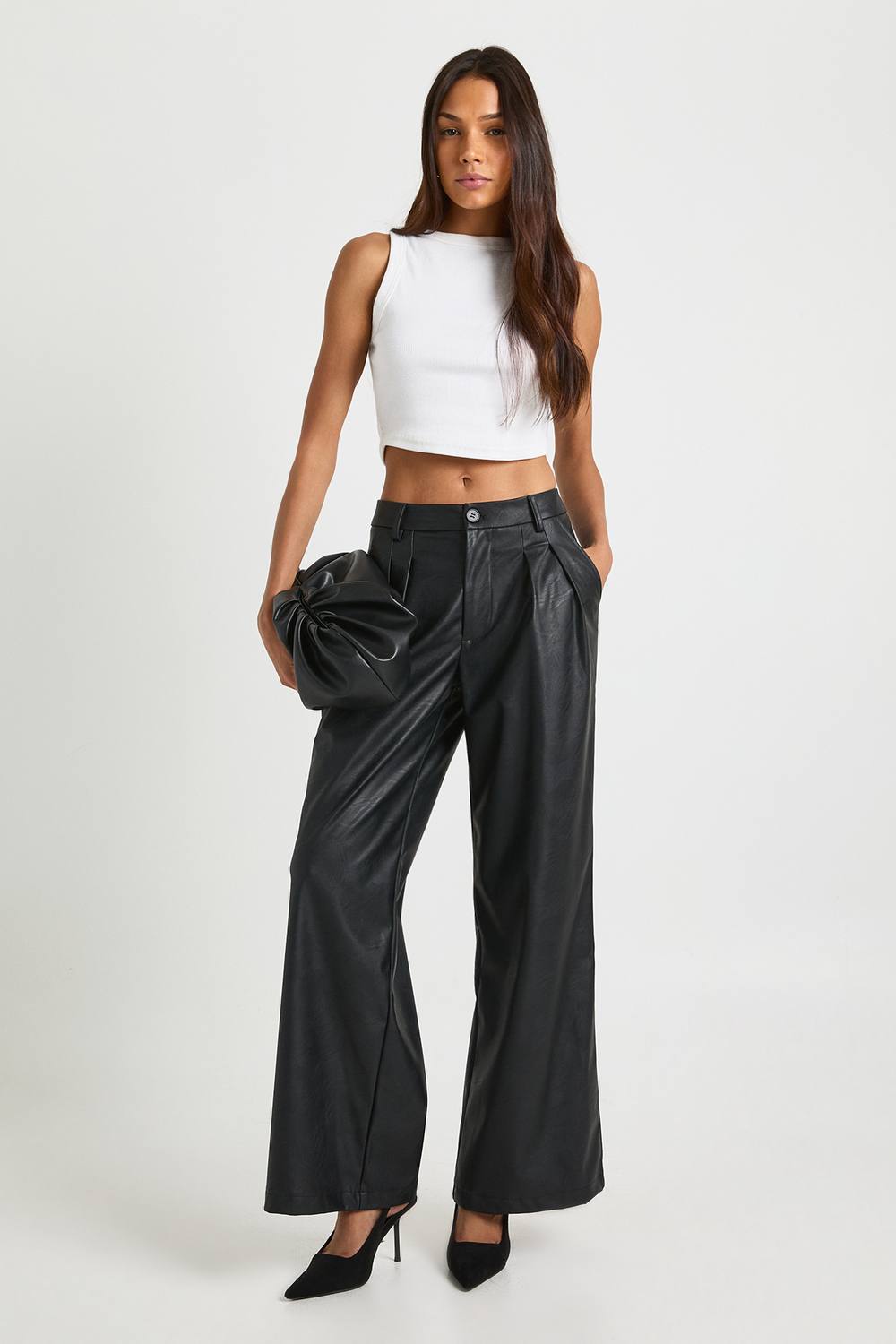 boohoo Women's Tall Faux Leather Palazzo Trousers in Black by boohoo