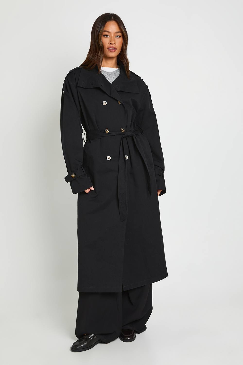 boohoo Women's Tall Funnel Neck Double Breasted Trench Coat in Black by boohoo