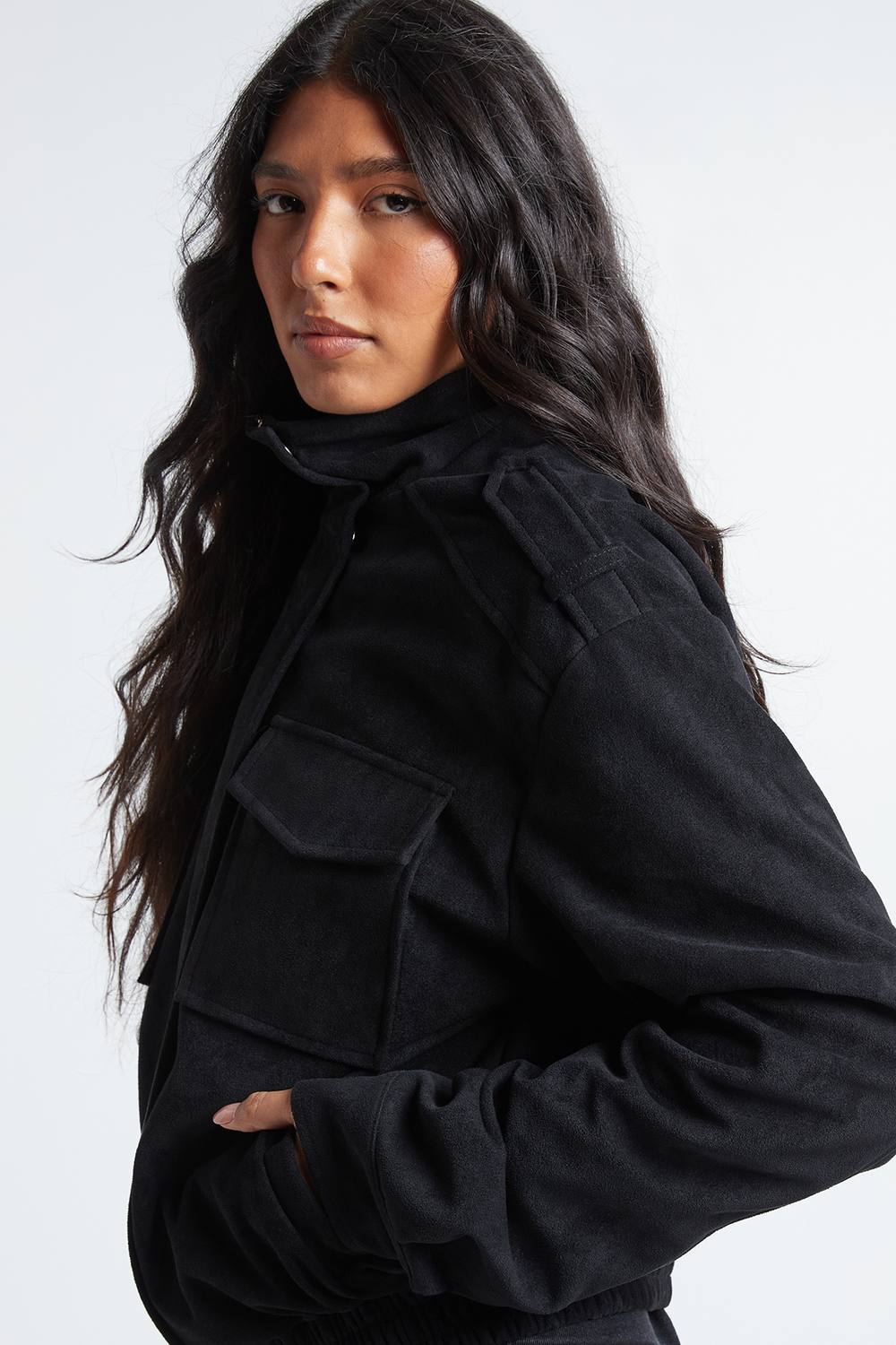 boohoo Women's Tall Funnel Neck Faux Suede Pocket Detail Jacket in Black by boohoo