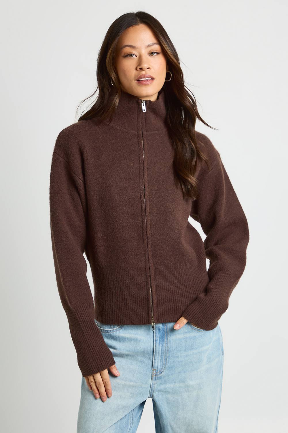 boohoo Women's Tall High Neck Zip Through Cardigan in Chocolate by boohoo