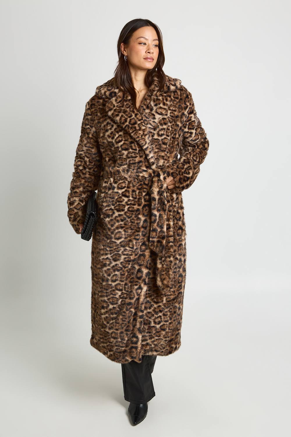 boohoo Women's Tall Leopard Faux Fur Belt Coat by boohoo