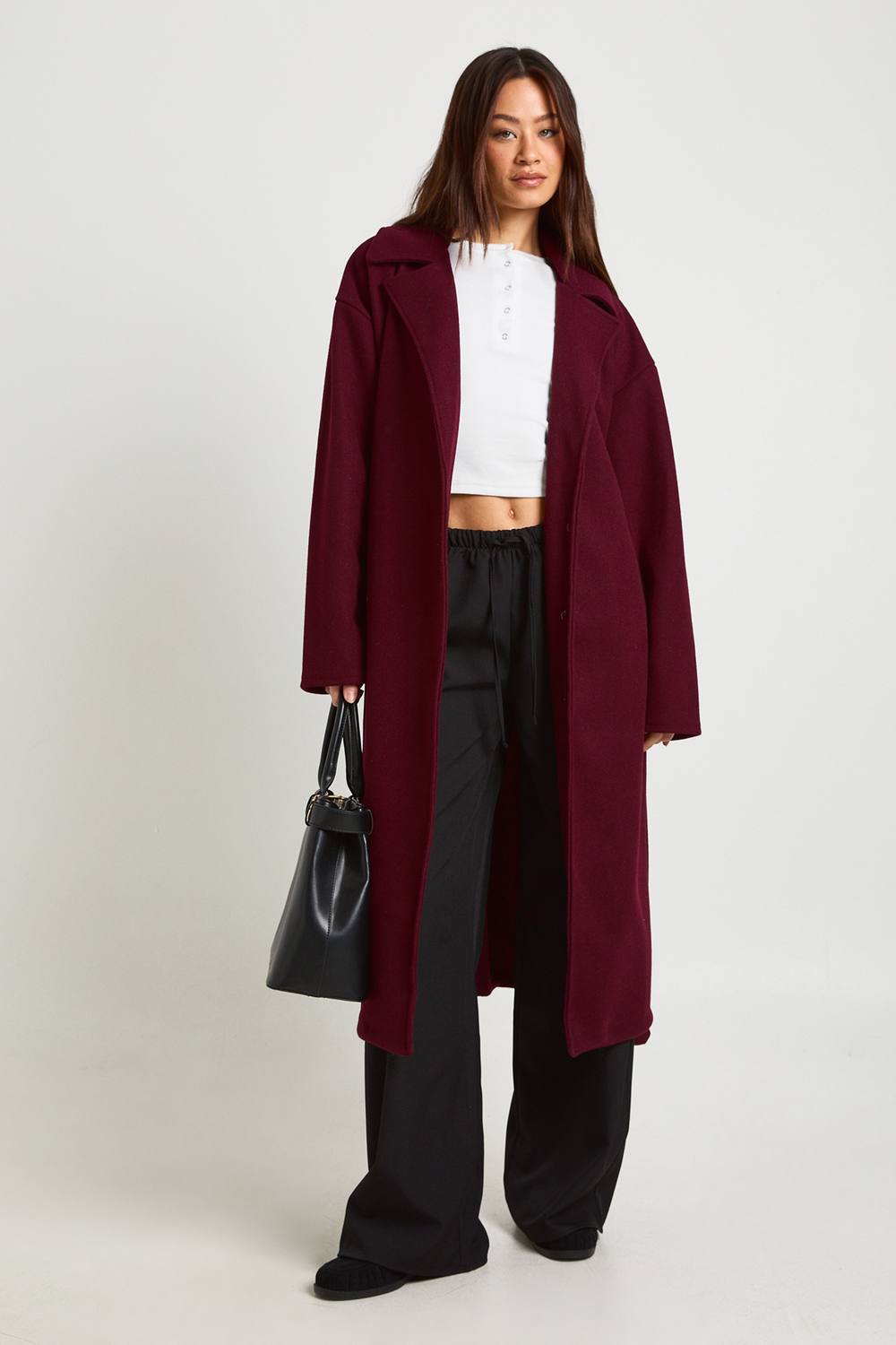 boohoo Women's Tall Oversized Belted Button Through Wool Look Coat in Burgundy by boohoo