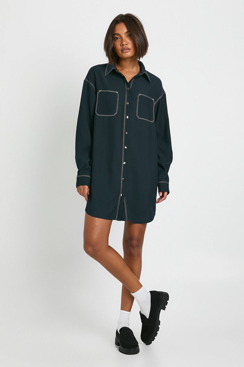 boohoo Women's Tall Oversized Button Down Shirt Dress in Navy by boohoo