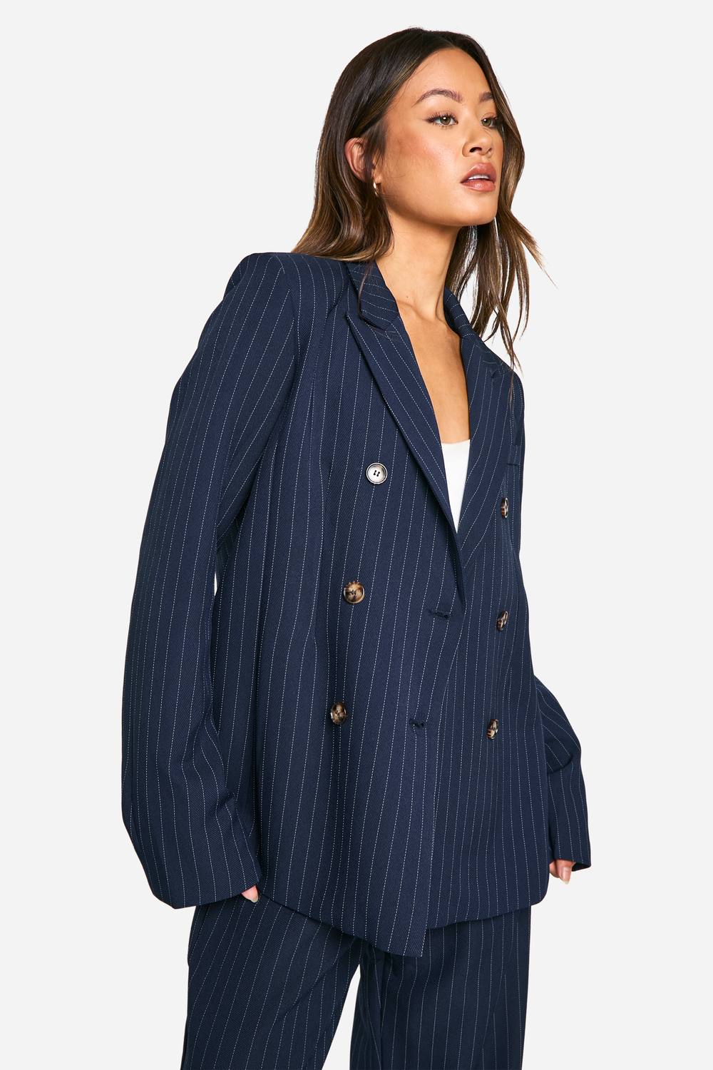 boohoo Women's Tall Pinstripe Double Breasted Blazer in Navy by boohoo