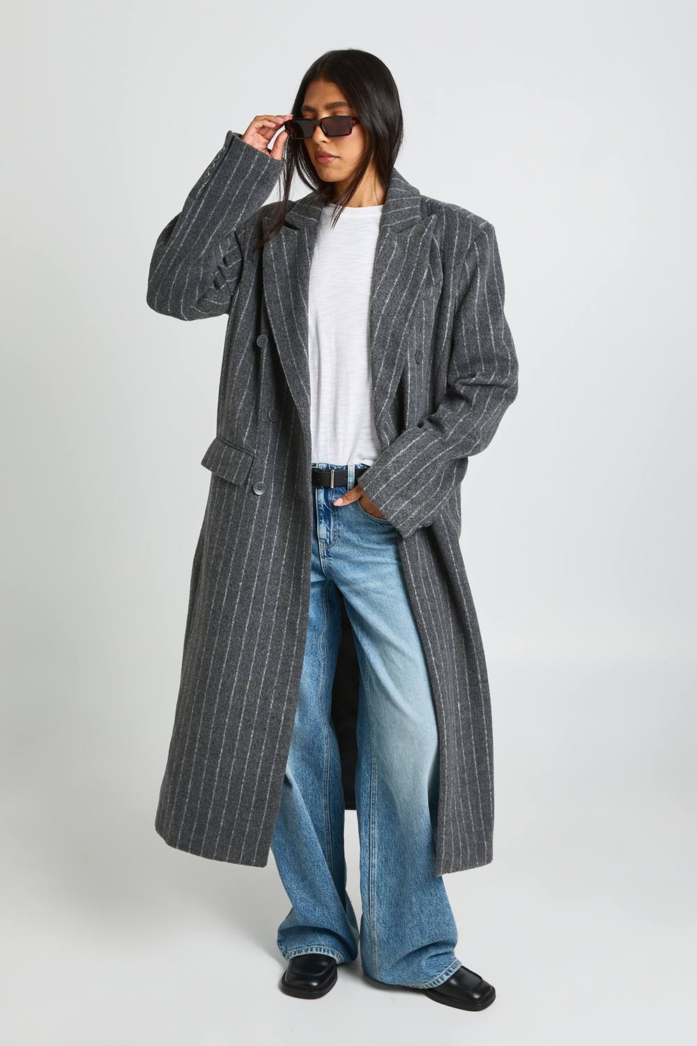 boohoo Women's Tall Pinstripe Double Breasted Wool Look Coat in Grey by boohoo