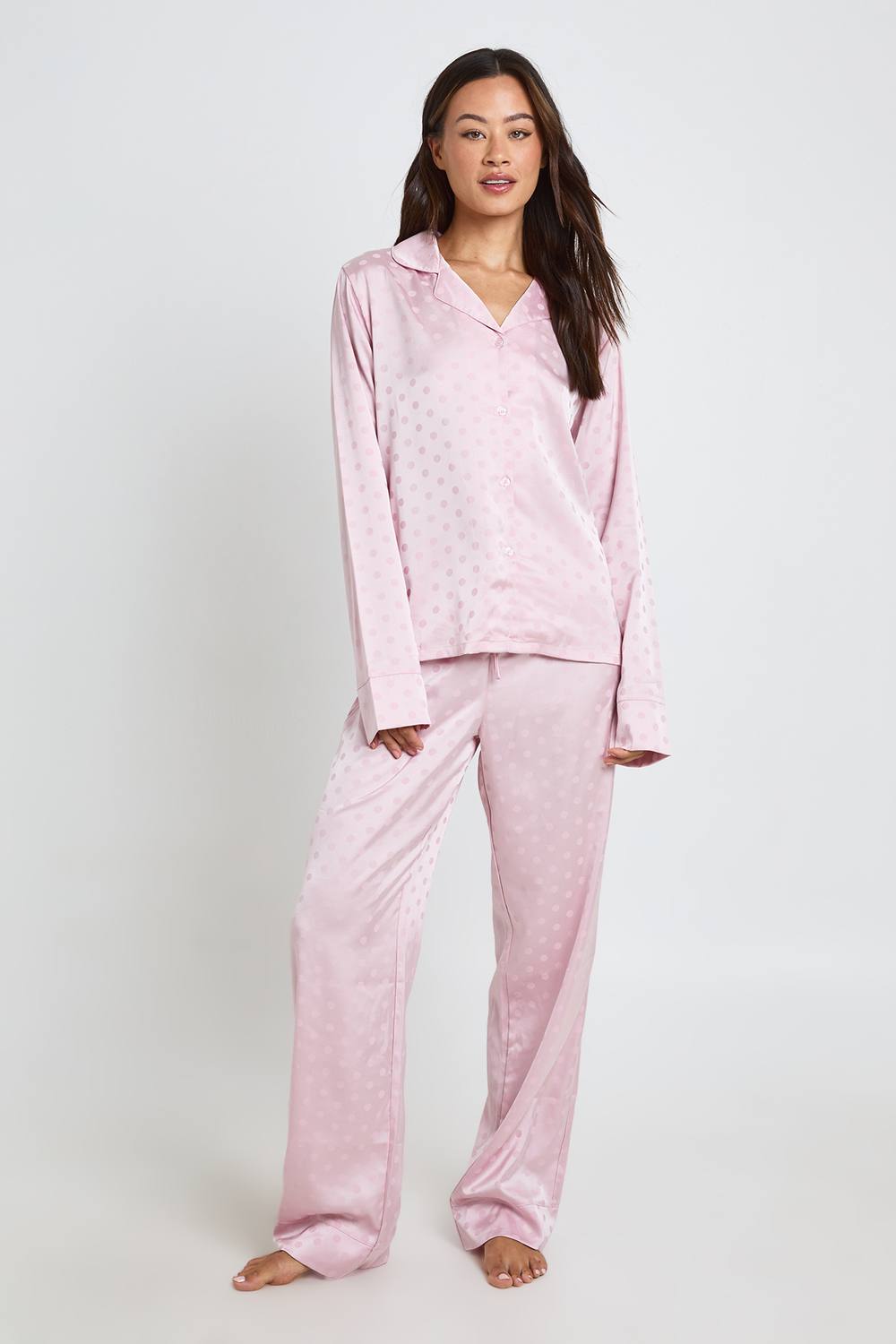 boohoo Women's Tall Polka Dot Jacquard Satin Long Sleeve Shirt & Trouser Pyjama Set in Light Pink by boohoo