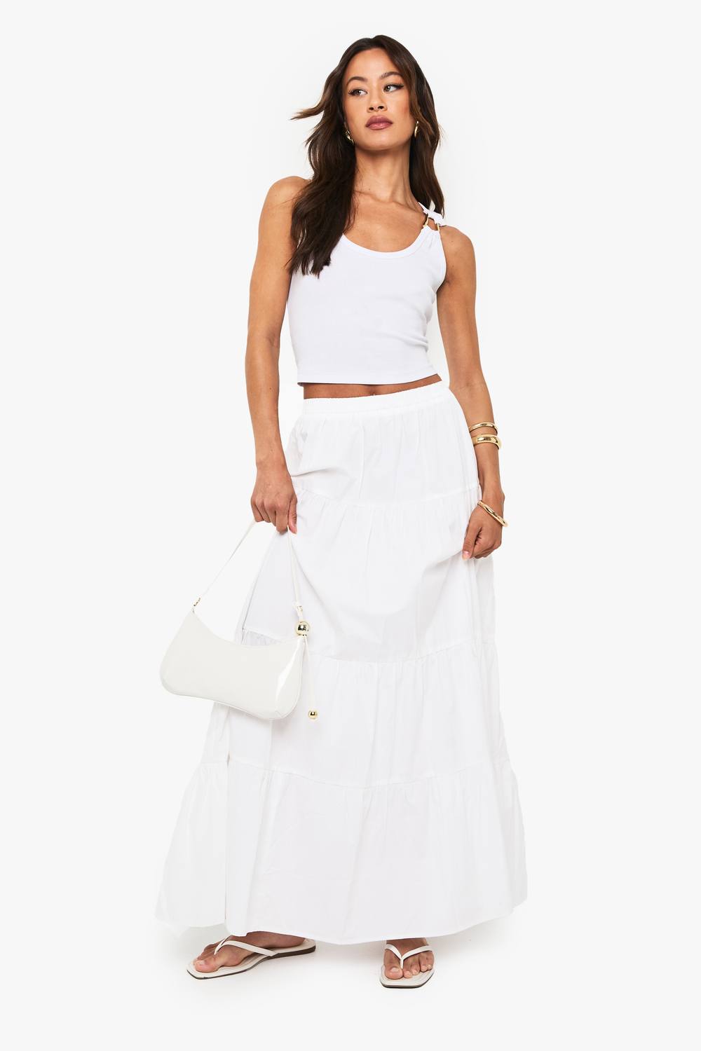 boohoo Women's Tall Poplin Tiered Maxi Skirt in White by boohoo
