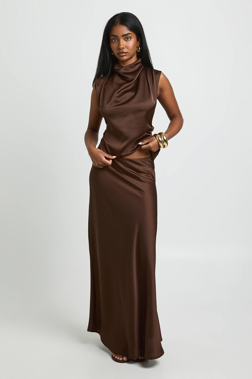 boohoo Women's Tall Satin Slip Midaxi Skirt in Chocolate by boohoo