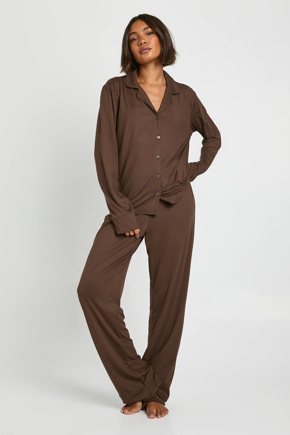 boohoo Women's Tall Soft Touch Button Through Shirt & Trouser Pyjama Set in Chocolate by boohoo