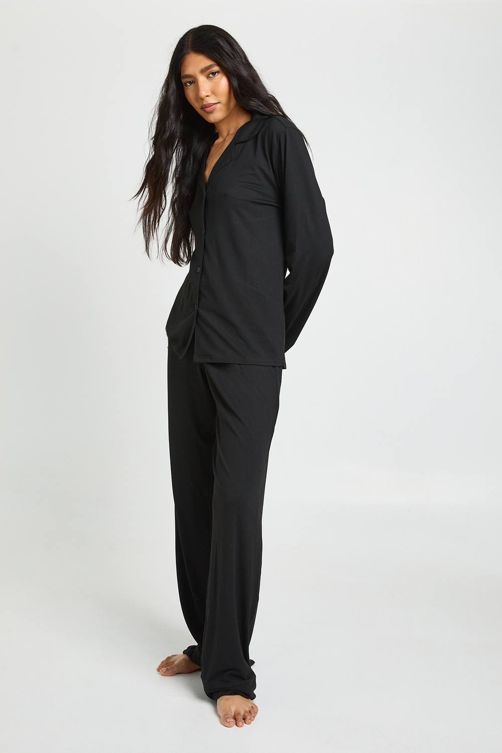boohoo Women's Tall Soft Touch Button Through Shirt & Trouser Pyjama Set in Black by boohoo