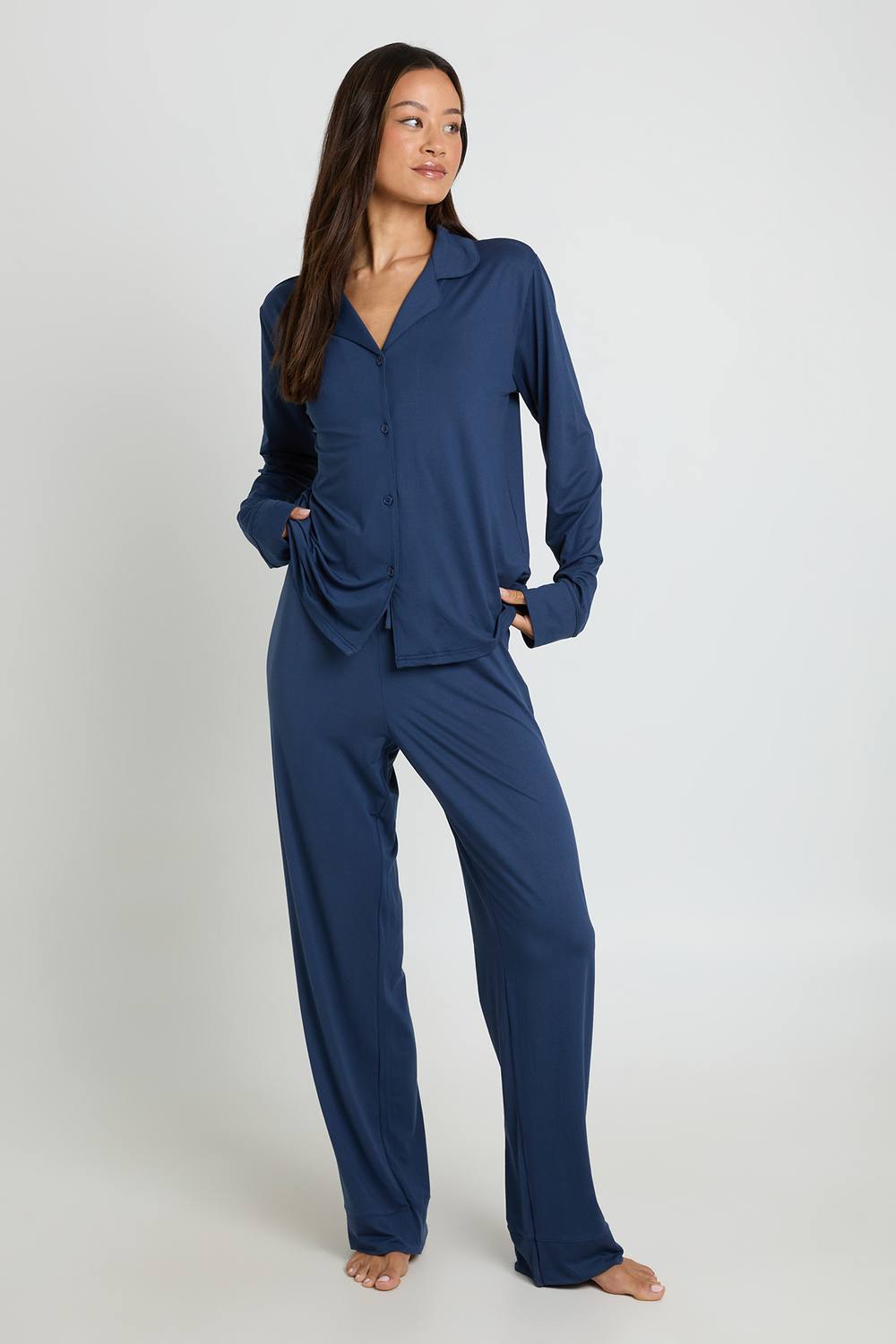 boohoo Women's Tall Soft Touch Button Through Shirt & Trouser Pyjama Set in Navy by boohoo