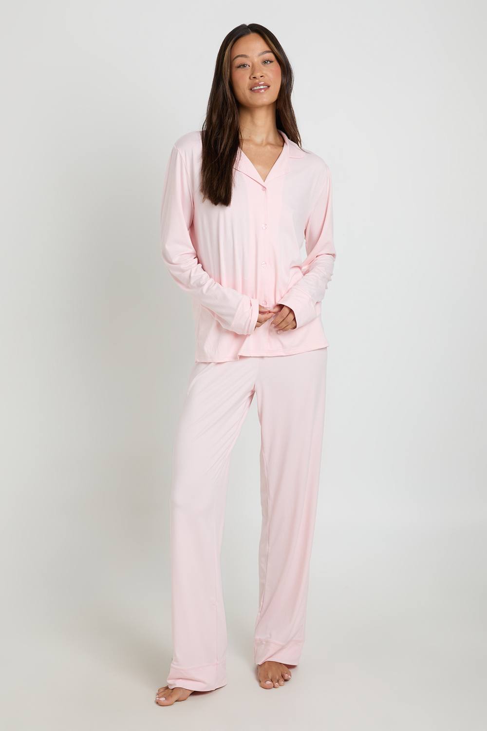 boohoo Women's Tall Soft Touch Button Through Shirt & Trouser Pyjama Set in Baby Pink by boohoo