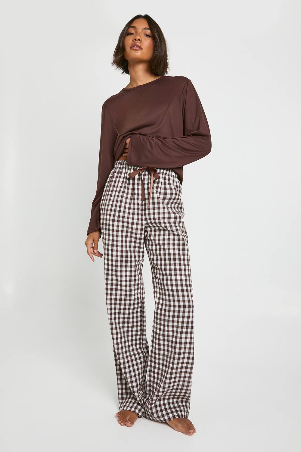 boohoo Women's Tall Soft Touch Gingham Long Sleeve Top & Trouser Pyjama Set in Chocolate by boohoo