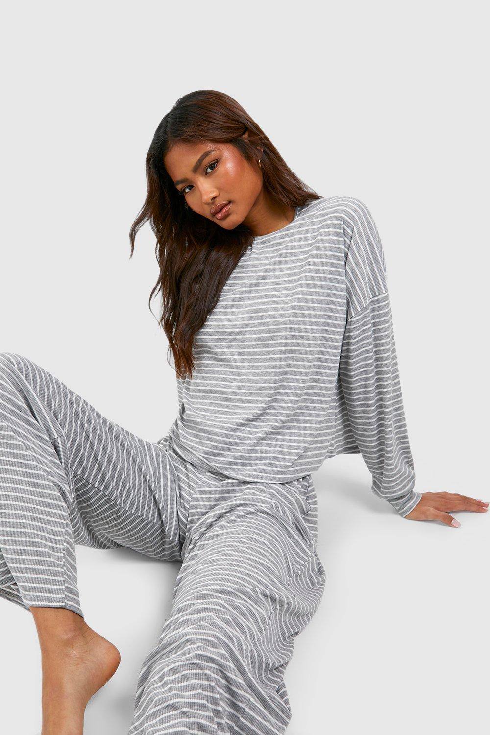 boohoo Women's Tall Stripe Long Sleeve Top & Trousers Pyjama Set in Grey by boohoo
