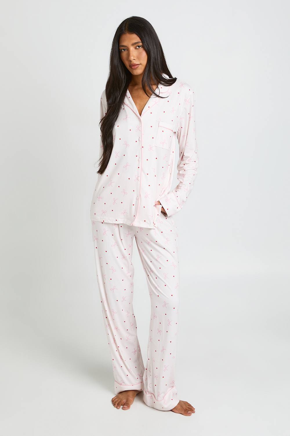 boohoo Women's Tall Super Soft Bow & Heart Print Long Sleeve Top & Trousers Pyjama Set in Light Pink by boohoo