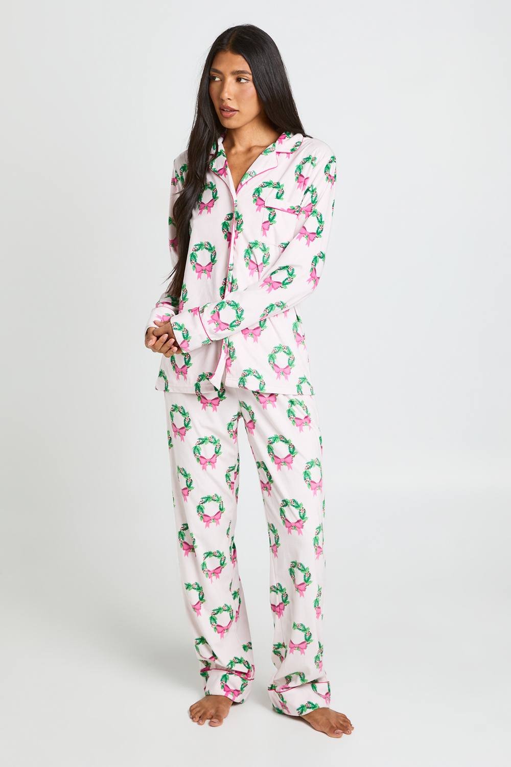 boohoo Women's Tall Super Soft Wreath Print Long Sleeve Top & Trousers Pyjama Set in Light Pink by boohoo