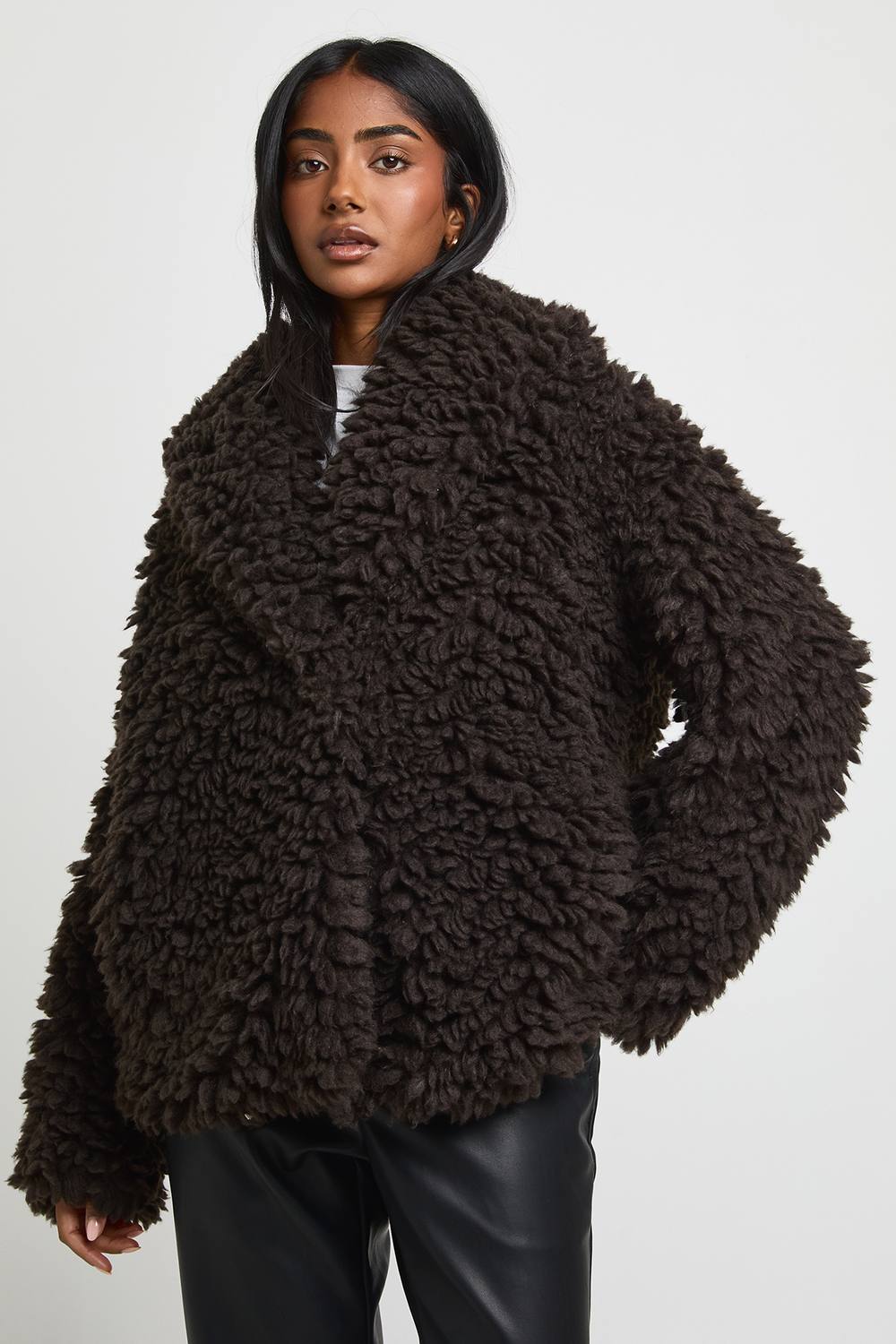 boohoo Women's Textured Faux Fur Coat in Chocolate by boohoo