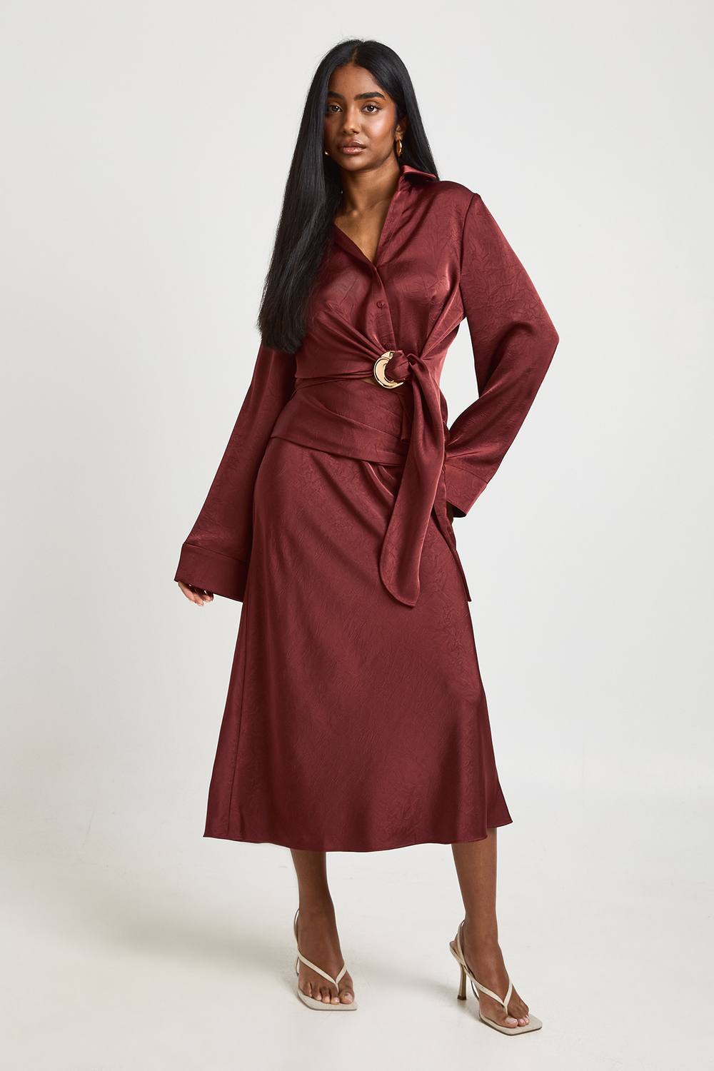 boohoo Women's Textured Satin Trim Detail Wrap Shirt in Terracotta by boohoo