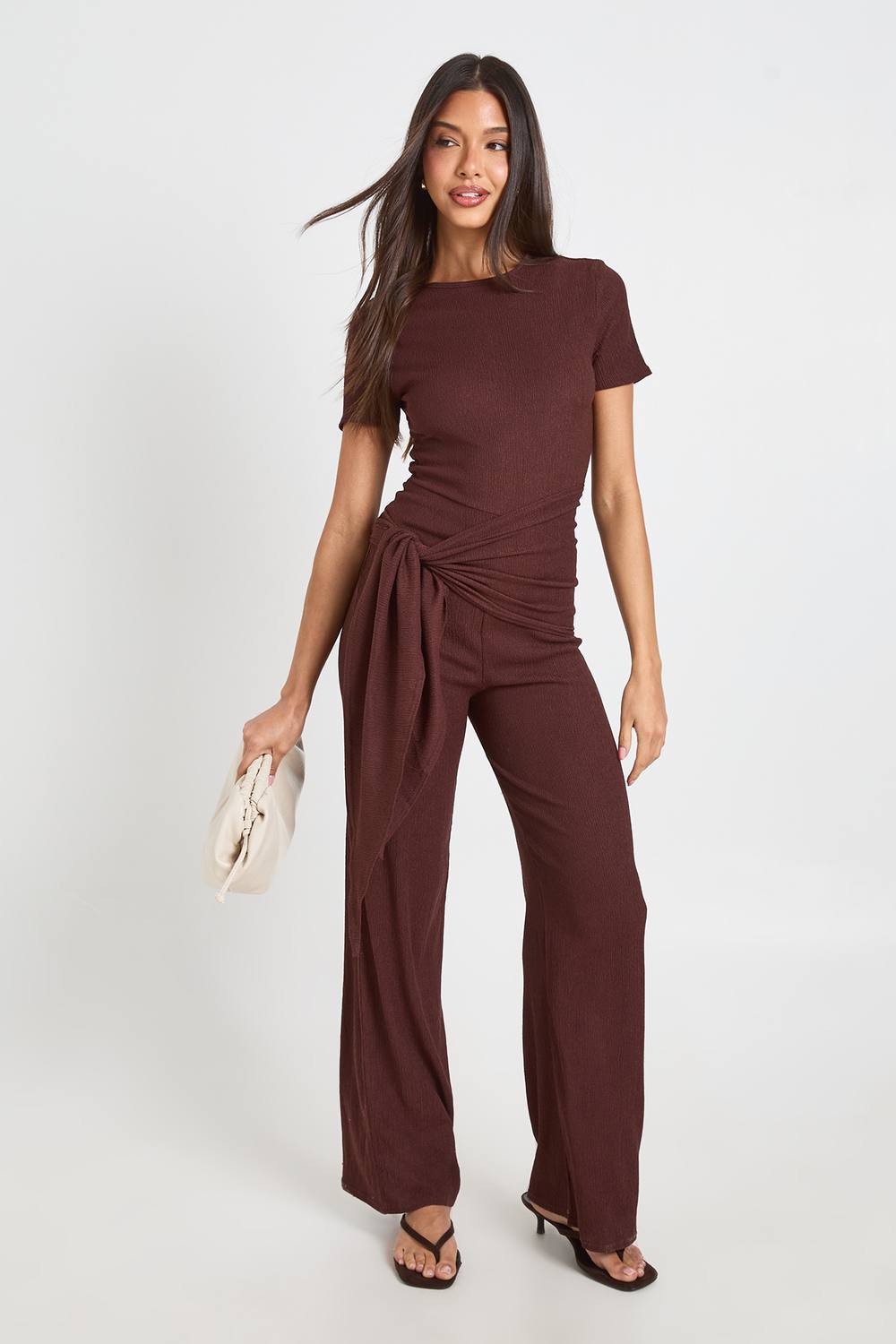 boohoo Women's Textured Wrap Waist Wide Leg Jumpsuit in Chocolate by boohoo